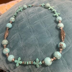 Vintage Faux Turquoise Textured Beads & Crosses Silvertone Accents Necklace 21”